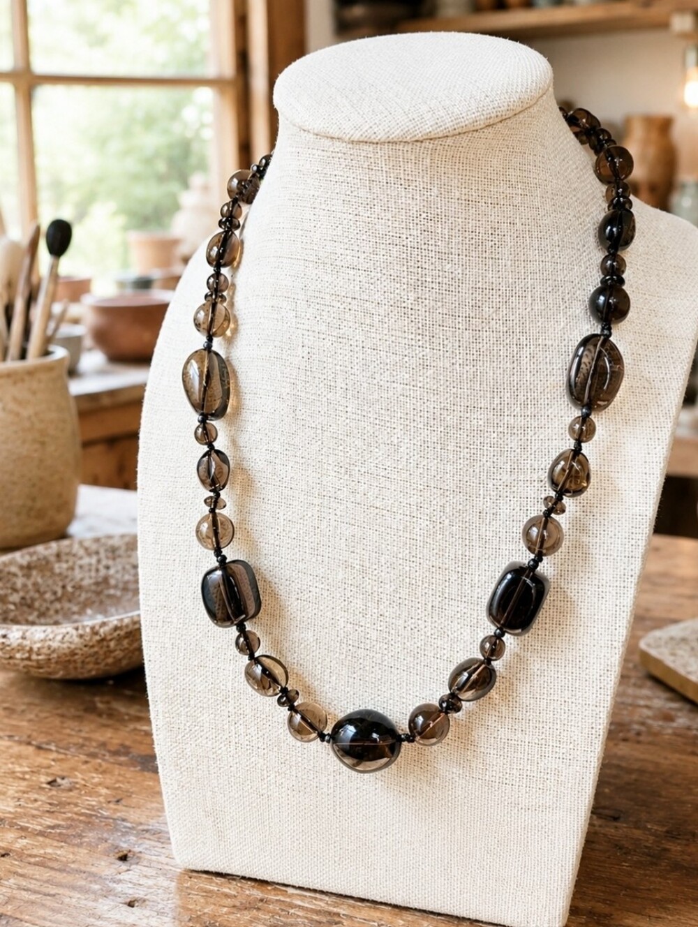 Smoke Brown Semi Precious Glass Stone Necklace Vintage New Condition Unsigned